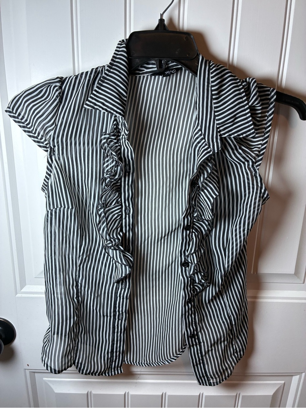 zinc Black & White Striped Ruffle Front Blouse